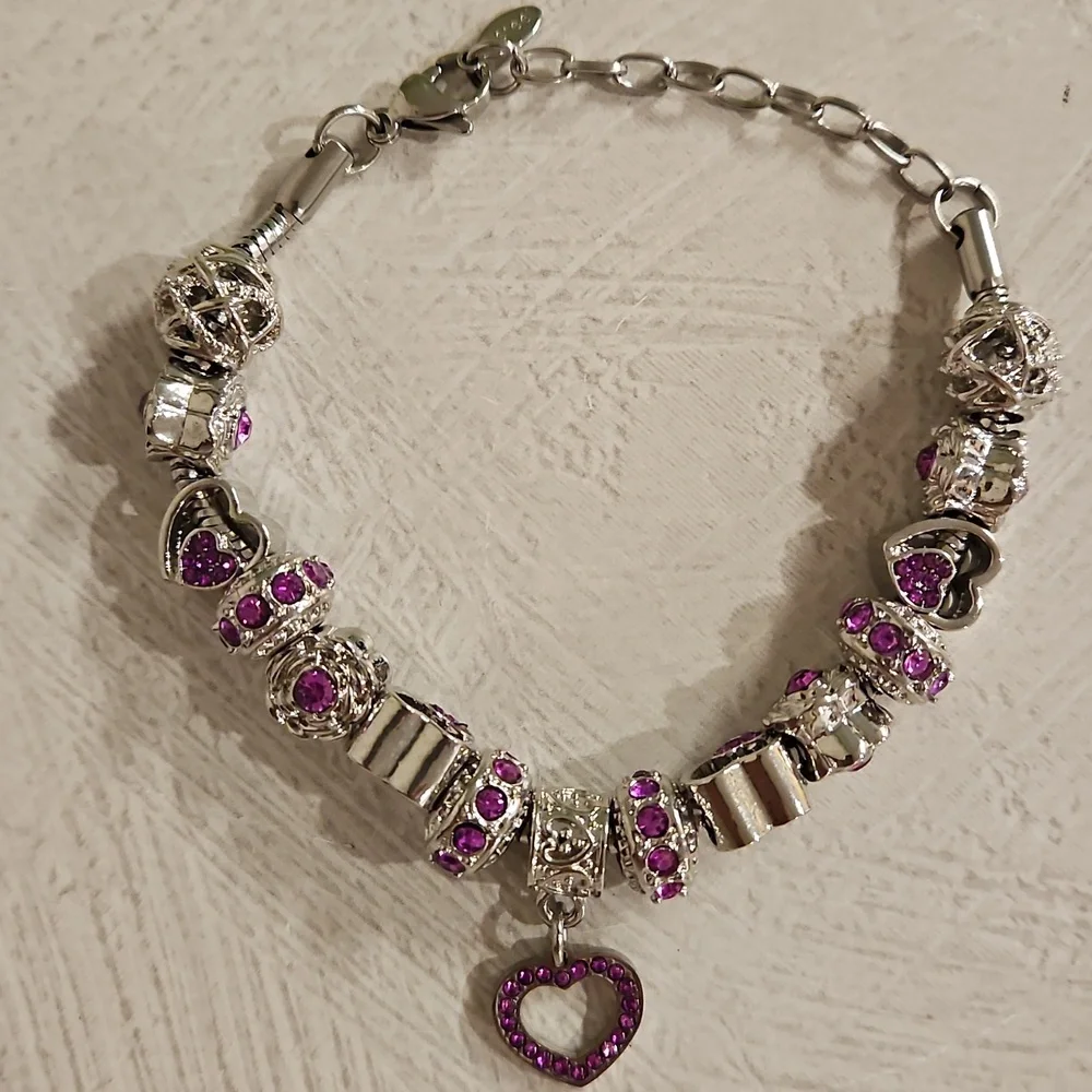 Birthstone bracelet silver tone with charms amethyst dark pink February October - Picture 7 of 10